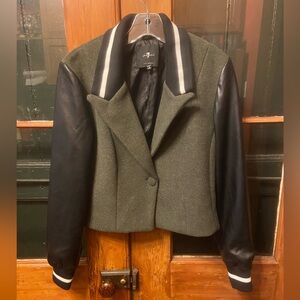 7 For All Mankind Olive Green Wool & Black Faux Leather Varsity Jacket